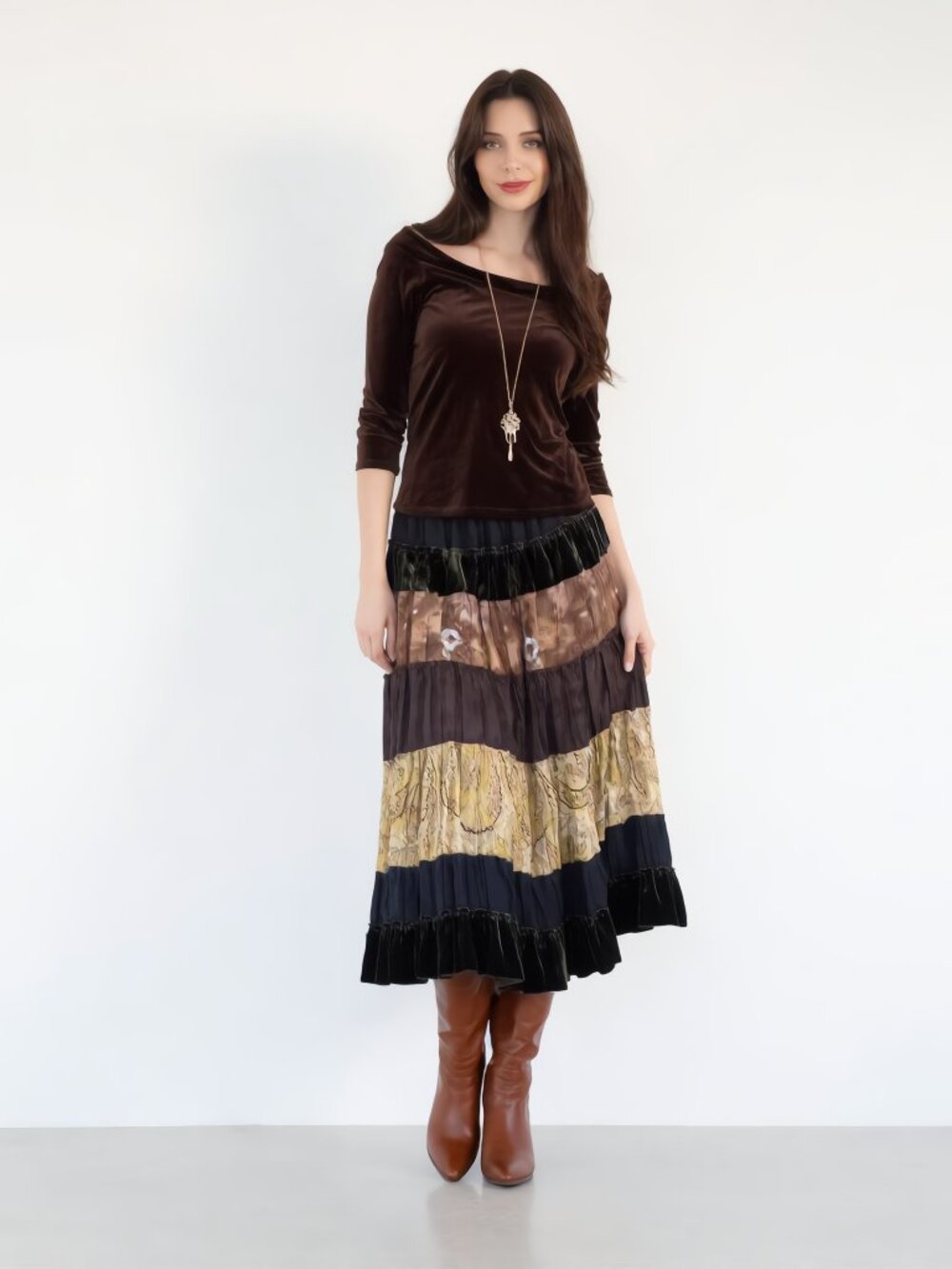 SET BCBGMaxAzria Skirt S + Boston Proper Brown Velvet Top XS 2 piece set